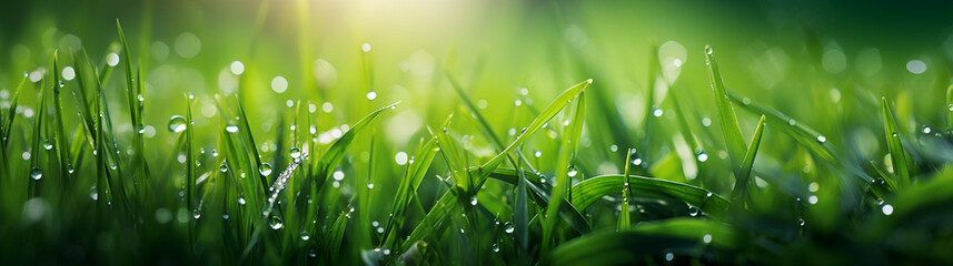 Naklejka premium background from a green grass on a lawn with dew drops