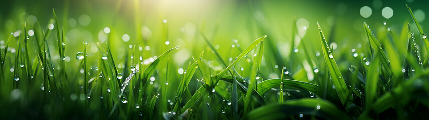Fototapeta na wymiar background from a green grass on a lawn with dew drops