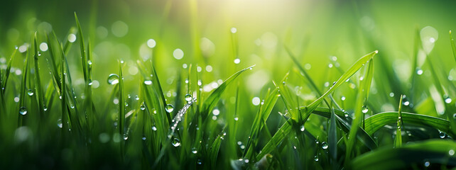 background from a green grass on a lawn with dew drops