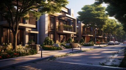 A suburban neighborhood with modern townhouses, each showcasing unique architectural elements and vibrant landscaped courtyards