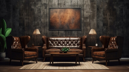 Distressed grungy interior with decorative floral wallpaper. Frame left blank intentionally.