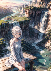 Anime girl sitting on a bench with a beautiful view behind her