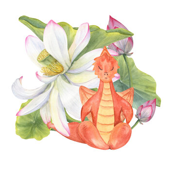 Dragon sitting in lotus pose. Meditation among blooming Water Lily. Pink Lotus flower, Bud, Leaf. Fitness exercises, yoga. Watercolor illustration for greetings, package, label.