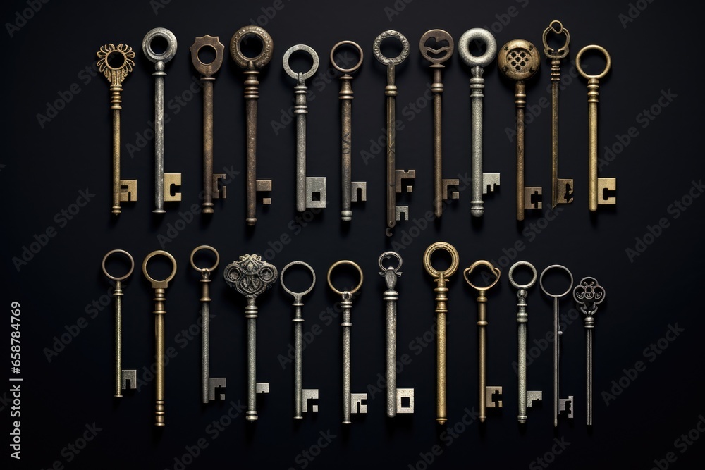 Poster A collection of vintage keys placed on a table. This image can be used to represent concepts such as antique, nostalgia, security, or unlocking mysteries.