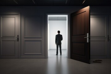 Fototapeta premium A professional man wearing a suit standing confidently in front of an open door. This image can be used to represent opportunities, success, or new beginnings.