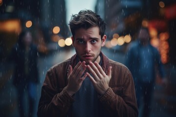 A man standing in the rain with his hands clasped. This image can be used to depict solitude, contemplation, or a sense of longing.