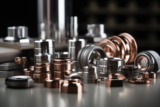 A collection of copper pipes and fittings neatly arranged on a table. Ideal for plumbing projects and industrial design concepts.