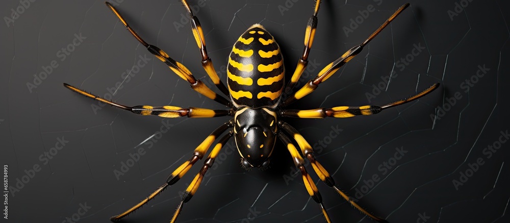 Wall mural spider bird s eye view on web with copyspace for text