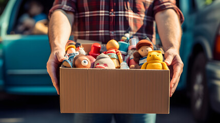 Close up of a man with a cardboard box full of toys to donate - obrazy, fototapety, plakaty
