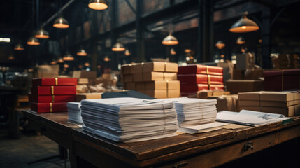 Results of an audit of documents of a large industrial warehouse. Stacks of reports on the table against the background of shelves