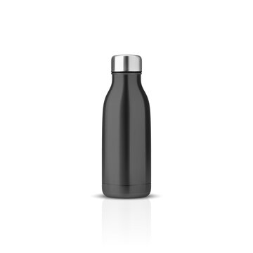 Vector Realistic 3d Black Blank Glossy Metal Reusable Water Bottle with Silver Bung Closeup Isolated on White Background. Design template of Packaging Mockup. Front View