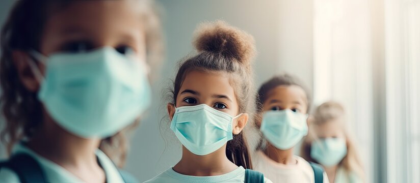 Children Wearing Face Masks Return To School Following Quarantine And Lockdown With Copyspace For Text