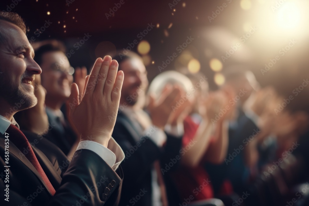 Poster a group of people dressed in formal suits and ties, enthusiastically applauding. this image can be u