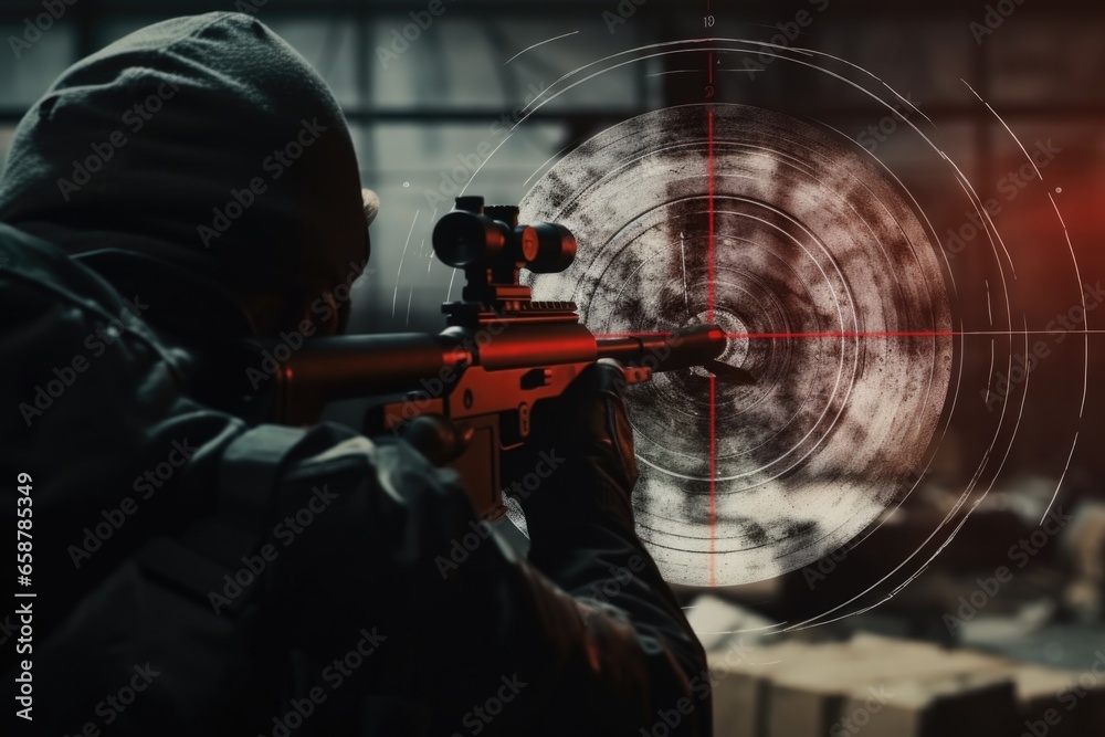 Aufkleber a man in a hoodie is seen aiming a rifle at a target. this image can be used to depict concepts such