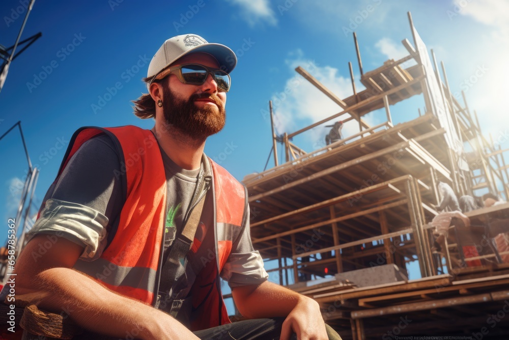Poster a man sitting on the ground in front of a construction site. this image can be used to depict relaxa