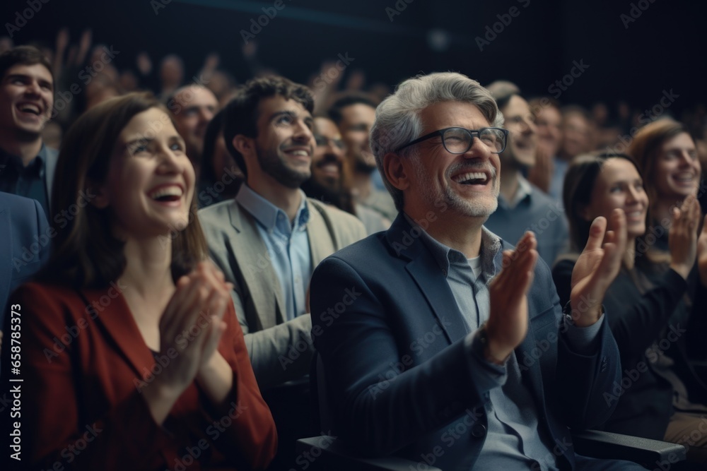 Poster a group of people sitting in front of a crowd clapping. this image can be used to represent applause