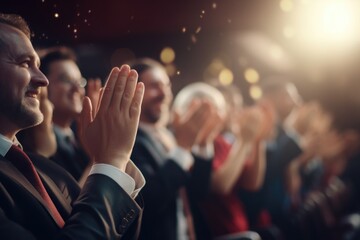 A group of people dressed in formal suits and ties, enthusiastically applauding. This image can be used to depict success, achievement, teamwork, or a business event. - obrazy, fototapety, plakaty