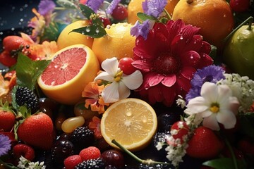 A close-up photograph showcasing a plate filled with a variety of colorful fruits and vibrant flowers. This image would be perfect for food blogs, recipe websites, or as a decorative element for home 