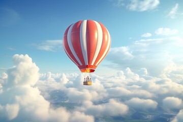 A vibrant red and white hot air balloon gracefully soaring through the sky. Perfect for travel and adventure themes.