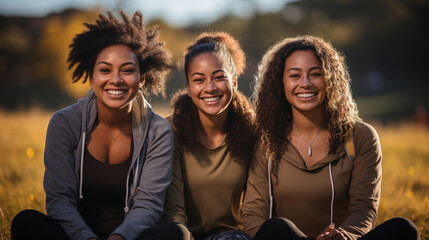 Fototapeta premium Three African American Female Friends Getting Together In the Park for Some Exercise. Generative AI.