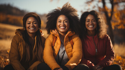 Three African American Female Friends Getting Together In the Park for Some Exercise. Generative AI. - obrazy, fototapety, plakaty