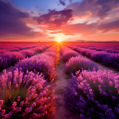 lavender field at sunset,at sunset Blooming lavender in a field at sunset in Provence, France
Stunning landscape with lavender field at sunset