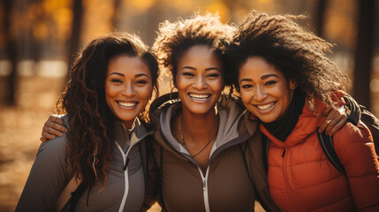 Fototapeta premium Three African American Female Friends Getting Together In the Park for Some Exercise. Generative AI.