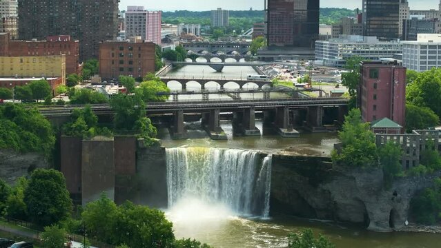 Rochester city landscape with High Falls on Genesee River. Upstate New York urban cityscape with historical northeastern architecture