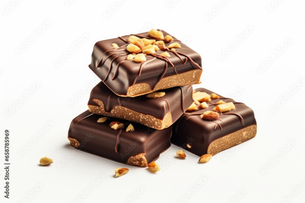 Poster A stack of chocolate bars with nuts on top. This image can be used to depict a delicious treat or as a concept for indulgence and satisfaction.