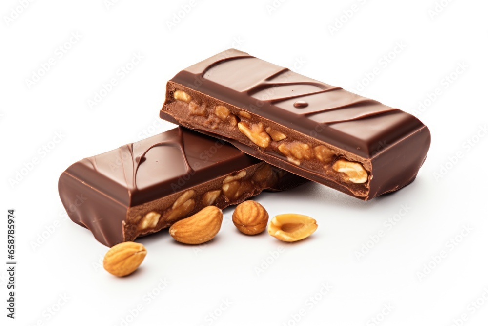 Poster two pieces of chocolate with nuts on a white surface. can be used for food blogs, recipe websites, o