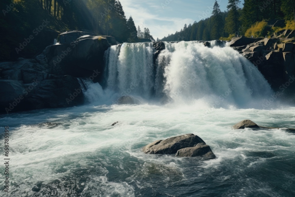 Poster a powerful and majestic waterfall cascading over a series of rocks. perfect for nature lovers and tr