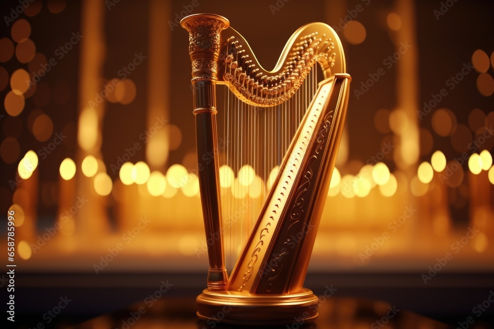 Poster A golden harp sitting on top of a table. Perfect for music-related projects or adding an elegant touch to any design.