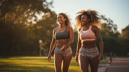 Fototapeten Happy African American Female Friends Enjoying a Healthy Run In The Park Together. Generative AI. © Andy Dean