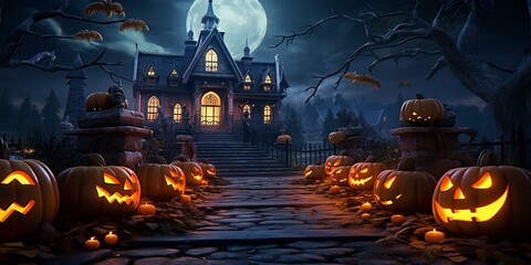 halloween night sceen scary haunted house pumkins jack-o-lanterns background cinematic