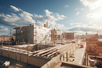 A building under construction with scaffolding. This image can be used to showcase the progress of a construction project or to depict the concept of development and growth.
