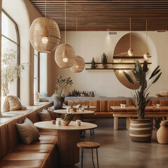 Modern boho restaurant in light brown furniture with hanging wicker lamps.