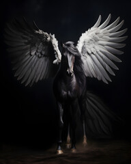 Beautiful black mysterious horse with white angel wings. Black background. 