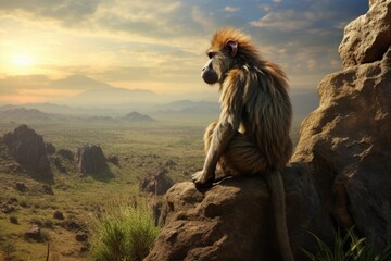 A monkey is seen sitting on top of a large rock. This image can be used to depict wildlife, nature, or animal behavior.