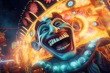 A close-up view of a clown in a vibrant carnival setting. This image can be used to add a fun and playful touch to any project or design.