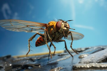 A detailed close-up shot of a fly resting on a piece of metal. This image can be used to depict nature, insects, or the concept of perseverance.