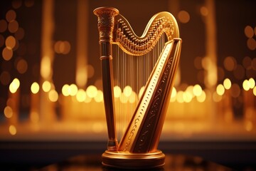 A golden harp sitting on top of a table. Perfect for music-related projects or adding an elegant touch to any design.