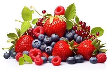 A colorful assortment of strawberries, raspberries, and blueberries in a delicious pile. Perfect for food and nutrition-related projects.