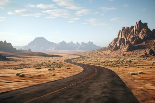 A picture of a road in the middle of a desert with mountains in the background. Suitable for travel, adventure, and nature-related themes.