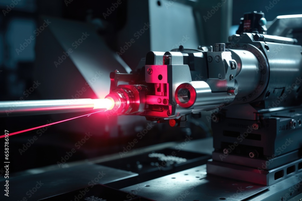 Poster a red laser being used on a machine. can be used to illustrate precision, technology, or industrial 