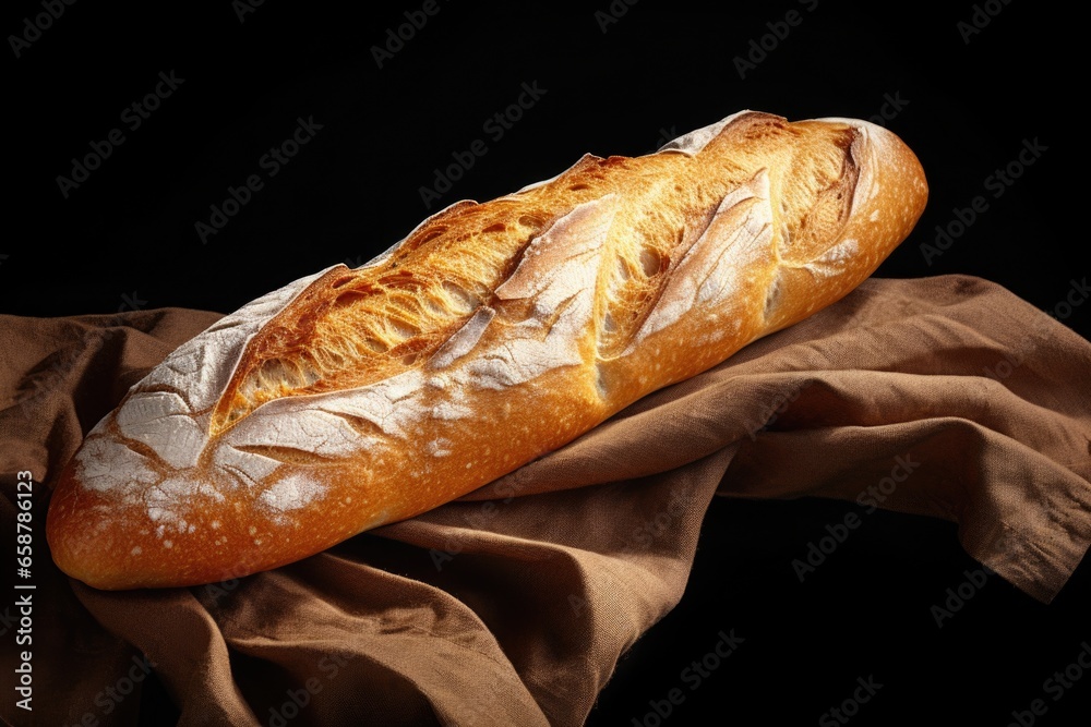 Poster a simple photograph of a loaf of bread placed on top of a brown cloth. this image can be used to rep