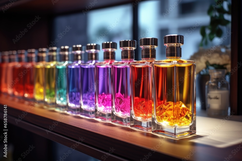 Poster A row of different colored perfume bottles displayed on a shelf. Perfect for showcasing a variety of fragrances in a stylish and organized manner.