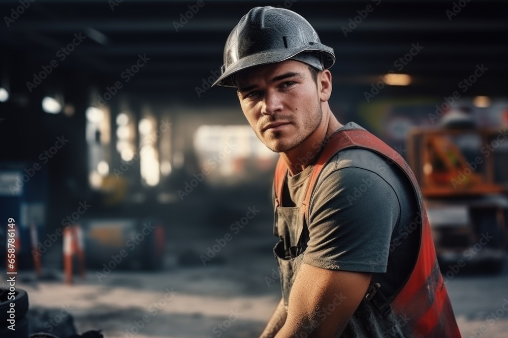 Aufkleber a man is pictured wearing a hard hat and vest. this image can be used to depict a construction worke