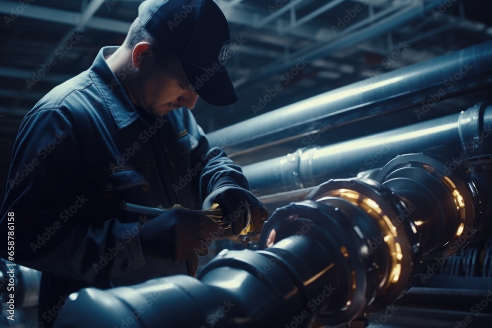 Poster a man is seen working on a pipe in a factory. this image can be used to represent industrial work, m