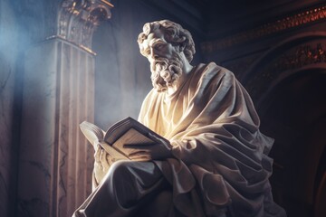 A statue of a man engrossed in reading a book. Perfect for libraries, educational materials, and literary-themed designs.