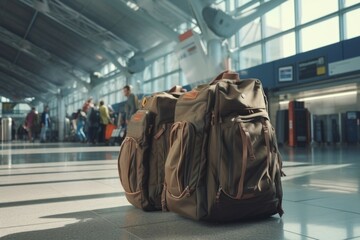 A couple of bags sitting on top of a tiled floor. This image can be used to represent travel, packing, or moving.